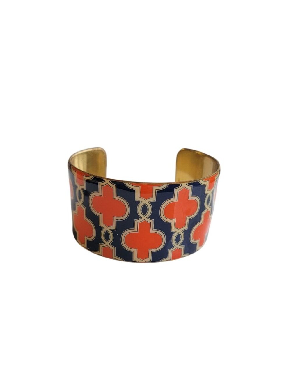 Mudpie Gold Cuff Bracelet Navy Orange Moroccan Lattice Geometric Wide Adjustable